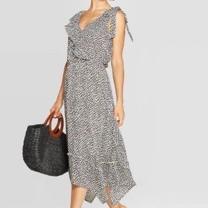 Dash Print Sleeveless Ruffled V-Neck Midi Dress